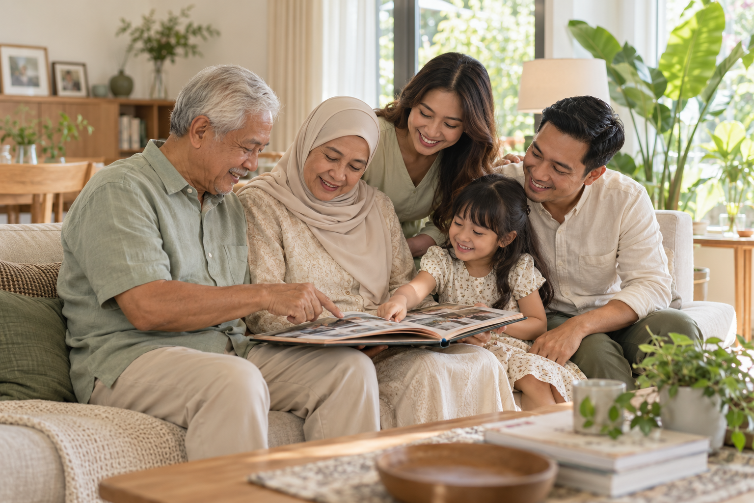A Malaysian family sharing a photo album across three generations